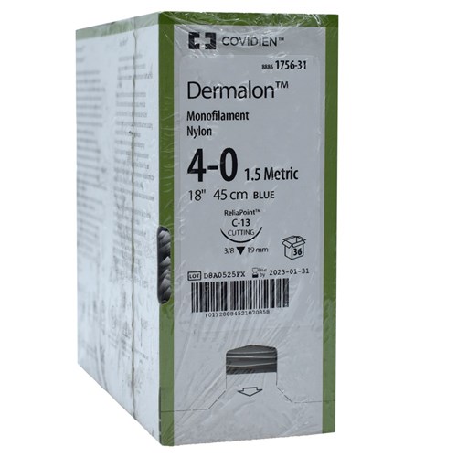 Sutures Nylon Dermalon 4/0 19mm C13 3/8 RC 45cm Blue 1756-31