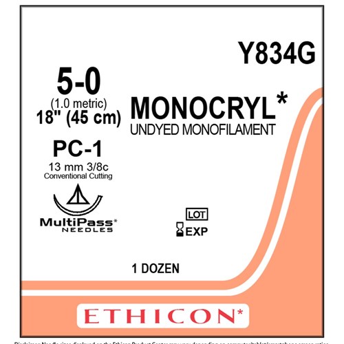 Sutures Monocryl Ethicon 5/0 12mm 12 Y834G