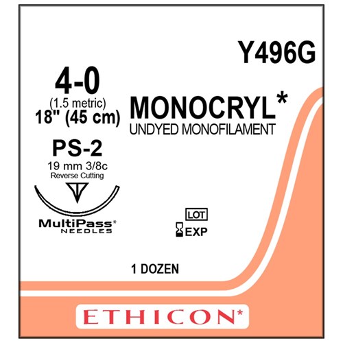 Sutures Monocryl Ethicon 4/0 19mm 12 496G