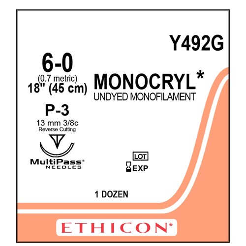 Sutures Monocryl Ethicon 6/0 P-3 12 Undyed 45cm Y492G