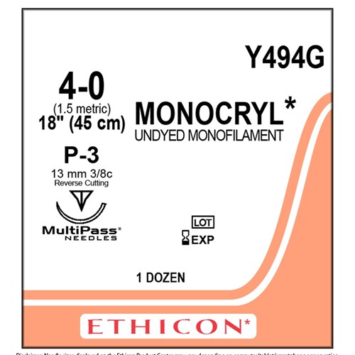 Sutures Monocryl Ethicon 4/0 U/D P-3 13mm 36 45cm Y494G