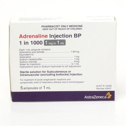 Adrenaline Glass Ampoules 1/1000 5 x 1ml SM