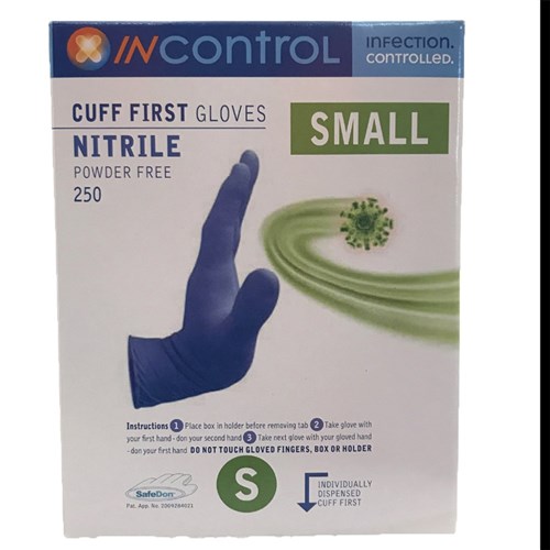 InControl Cuff First Blue Nitrile Ultra Gloves P/F Sml B250